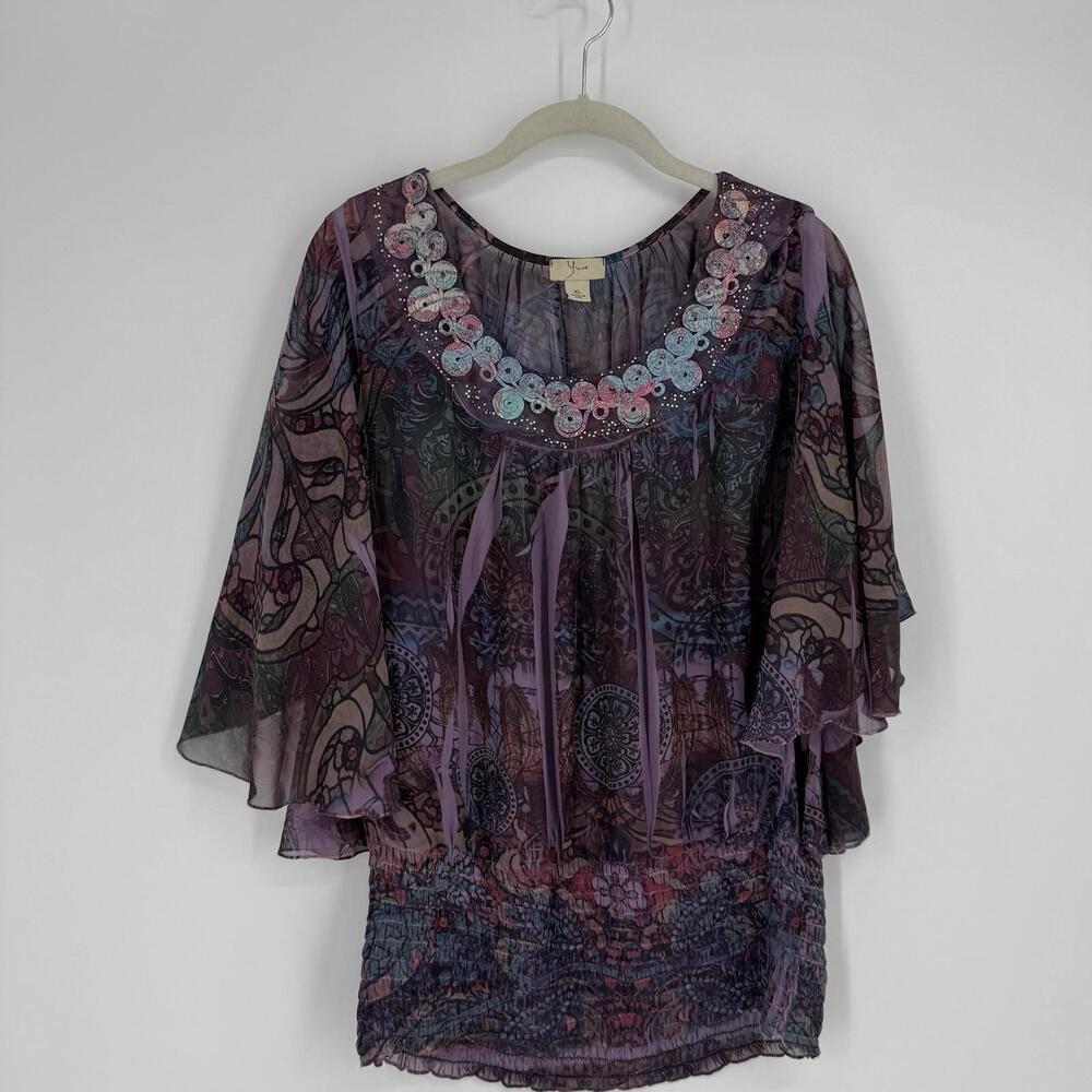 Vintage 90s y2k purple sheer fairy rhinestone dark floral autumn fall office top